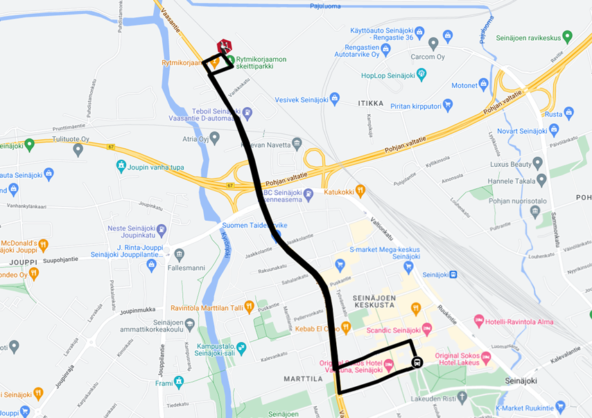 Rytmisbussin reitti piirrettynä kartalla